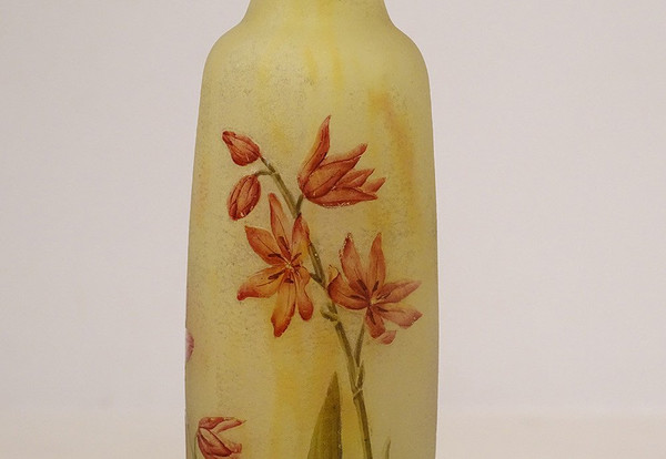 Vaso Piedouche Pâte de Verre Daum Nancy Fleurs Lys Lis Art Nouveau XIX secolo