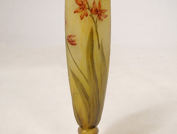 Vaso Piedouche Pâte de Verre Daum Nancy Fleurs Lys Lis Art Nouveau XIX secolo