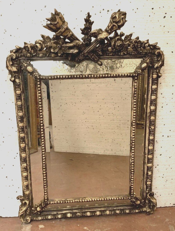 Louis XVI Style Mirror In Wood And Patinated Stucco XIX Century