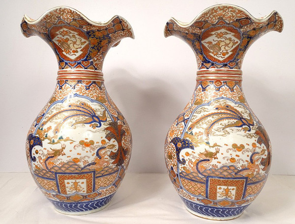 Paire Grands Vases Porcelaine Imari Japon Dragon Phoenix Dorure XIXè Siècle