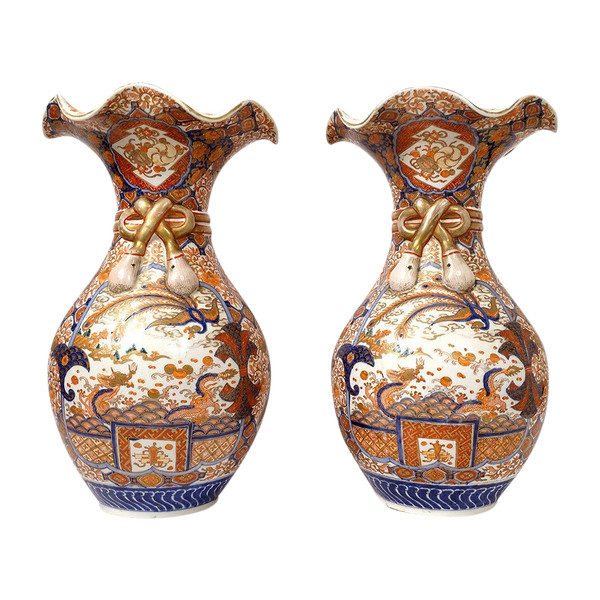 Paire Grands Vases Porcelaine Imari Japon Dragon Phoenix Dorure XIXè Siècle