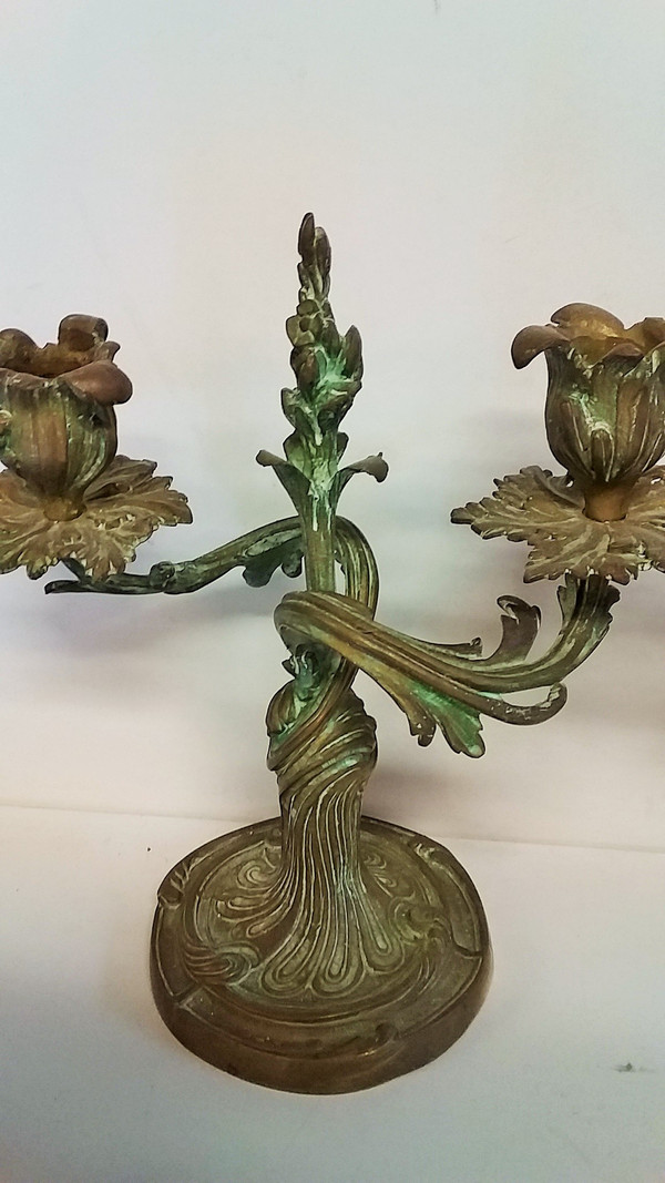 Pair of Louis XV style candlesticks in green patina bronze late 19th