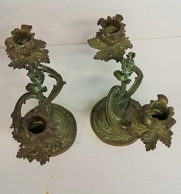 Pair of Louis XV style candlesticks in green patina bronze late 19th