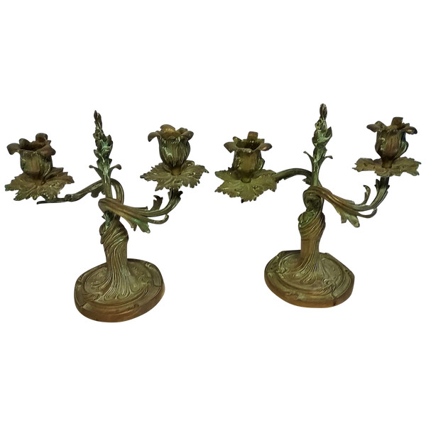 Pair of Louis XV style candlesticks in green patina bronze late 19th