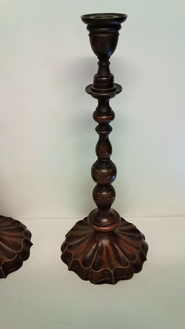 Pair of louis XIV style candlesticks in brown patina bronze 19th