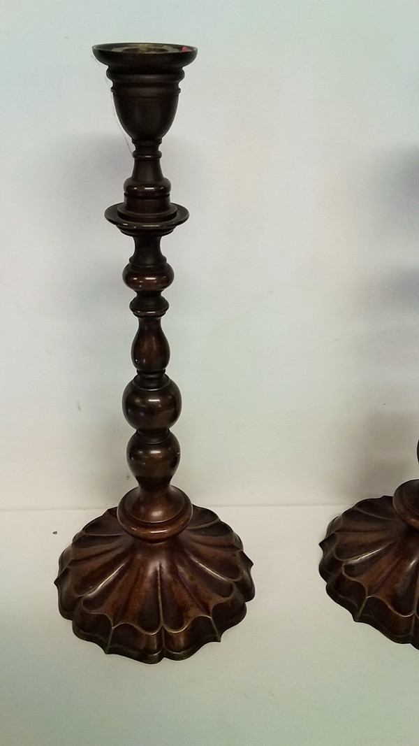 Pair of louis XIV style candlesticks in brown patina bronze 19th