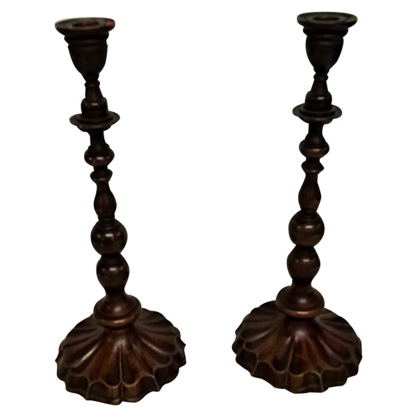 Pair of louis XIV style candlesticks in brown patina bronze 19th