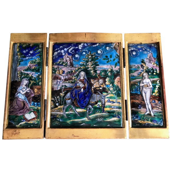 Triptych in polychrome enamels, Samson, 19th