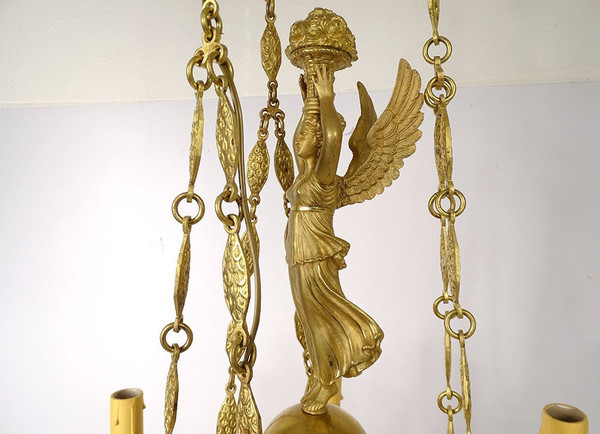 Lampadario impero a 6 luci in bronzo dorato Renommée Victoire Ailée Cygnes XIX secolo