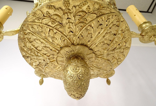 Lampadario impero a 6 luci in bronzo dorato Renommée Victoire Ailée Cygnes XIX secolo