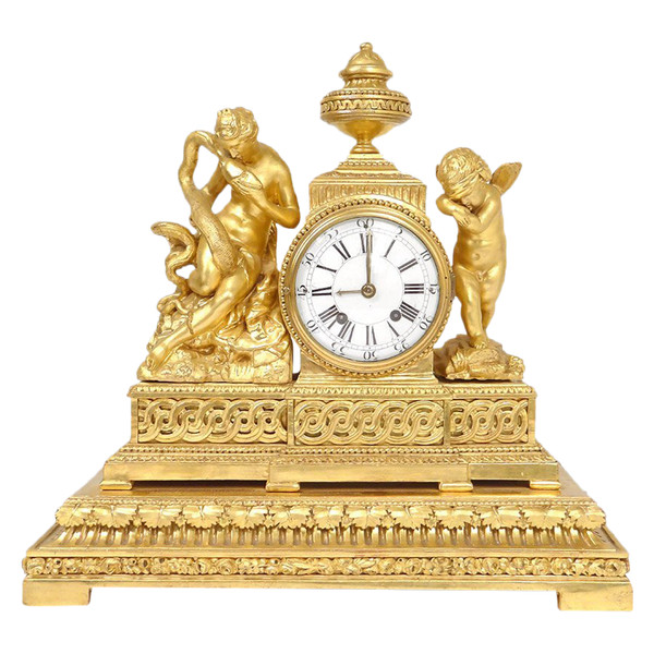 Pendolo Legno Dorato Dea Igiene Serpente Cherubino Eros Cupido Orologio XVIII