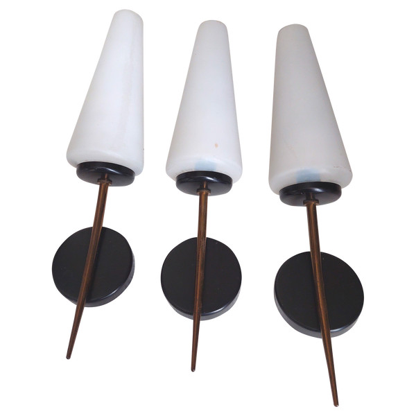 Three Lunel or Arlus sconces in white smoked glass and black lacquered brass, 1960s