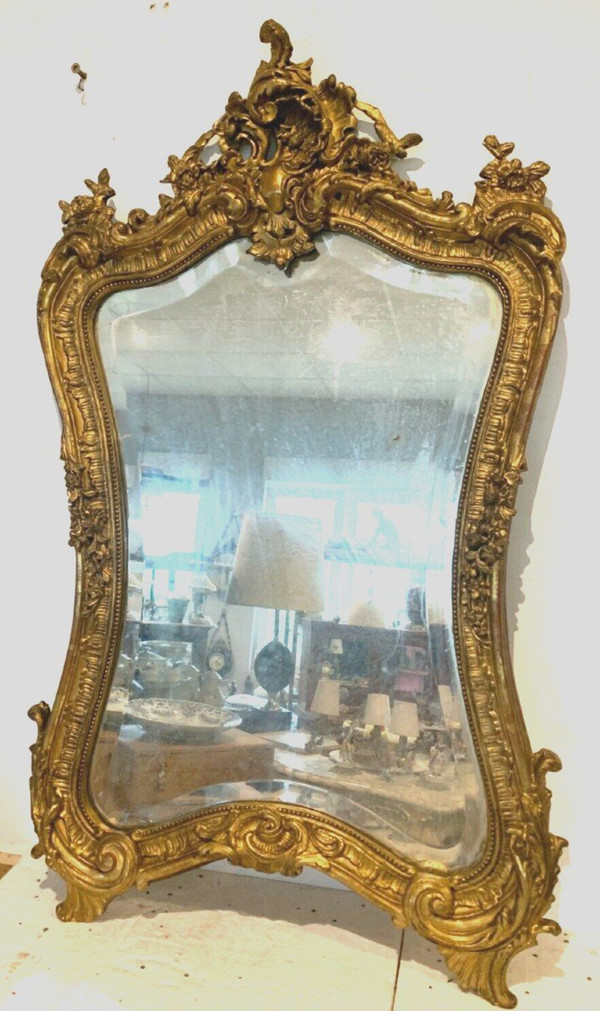 Louis XV Style Rockery Mirror In Wood And Golden Stucco XX Century