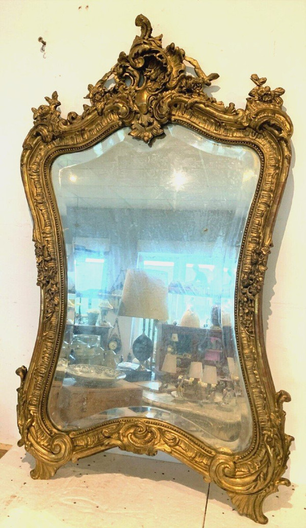 Louis XV Style Rockery Mirror In Wood And Golden Stucco XX Century