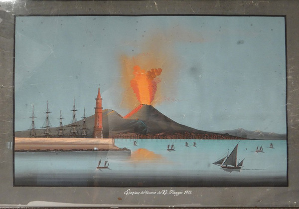 Coppia Gouaches Napoletani Eruzione Vesuvio Italia Barche 27 maggio 1858 XIX