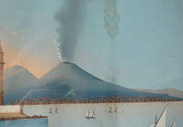 Coppia Gouaches Napoletani Eruzione Vesuvio Italia Barche 27 maggio 1858 XIX