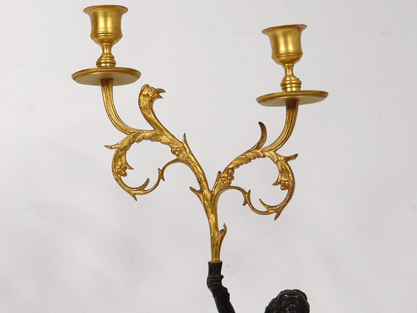 Pair Candelabra 2 Lights Bronze Carrara Marble Antique Women Eagle Eighteenth