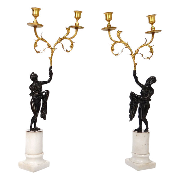 Pair Candelabra 2 Lights Bronze Carrara Marble Antique Women Eagle Eighteenth