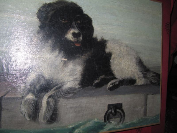 Tableau Huile sur toile chien sur bord de jeter signé F.Lardet