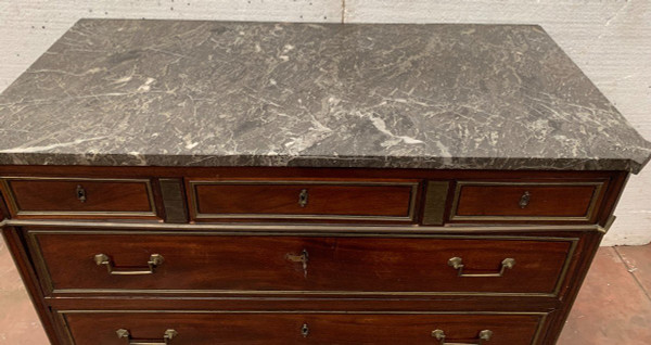 Louis XVI Style Commode In Mahogany Veined Gray Marble Top XIX Century