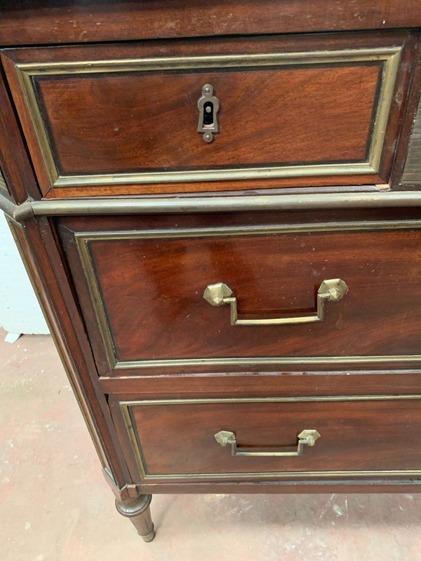 Louis XVI Style Commode In Mahogany Veined Gray Marble Top XIX Century