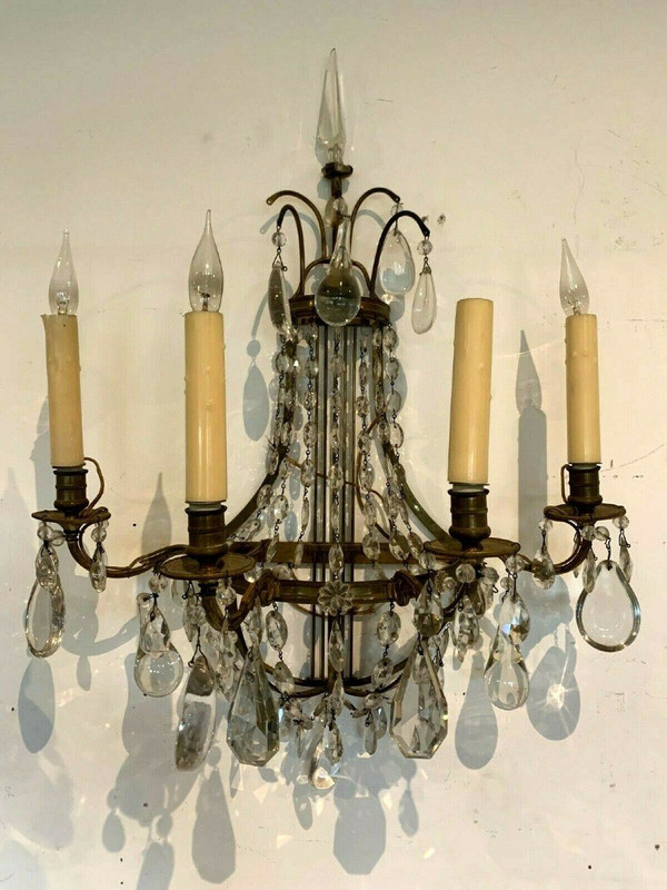 Pair of Bronze Basket Sconces With XXth Century Pendants