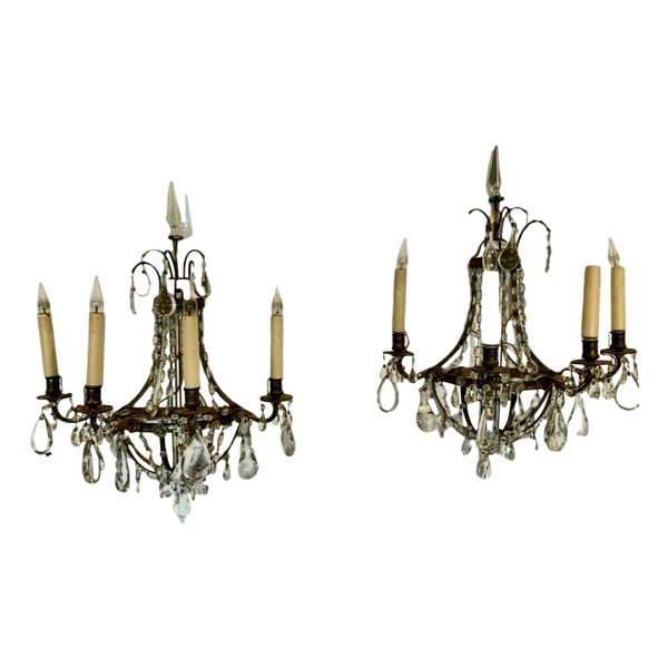 Pair of Bronze Basket Sconces With XXth Century Pendants