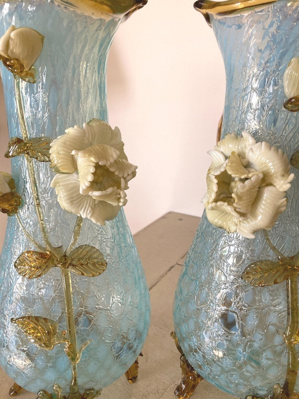 Paire de Vases en verre granité, montées en lampes, Manufacture de Clichy, Art Nouveau