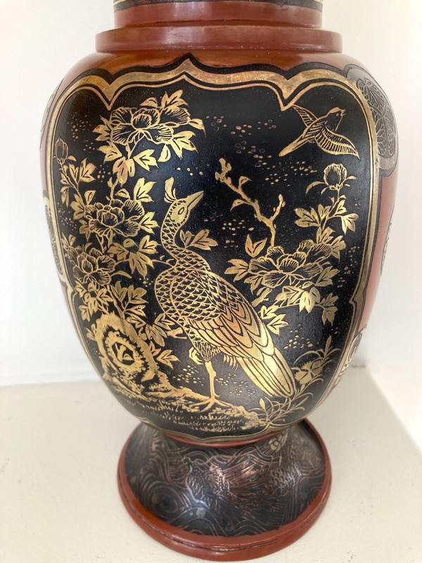 Japanese Dinanderie Vase, Lacquered, Inlaid with Gold and Silver, Meiji 19th century