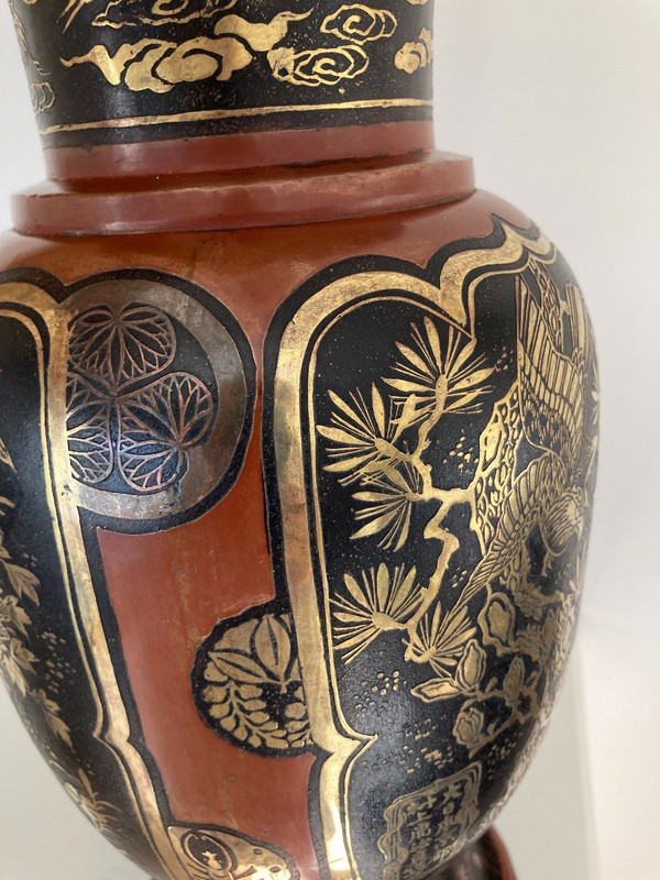 Japanese Dinanderie Vase, Lacquered, Inlaid with Gold and Silver, Meiji 19th century