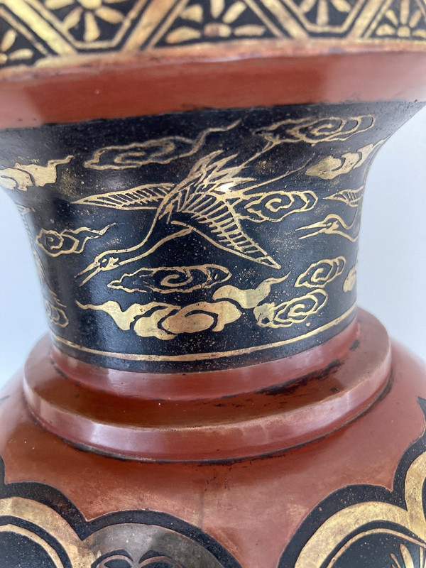 Japanese Dinanderie Vase, Lacquered, Inlaid with Gold and Silver, Meiji 19th century