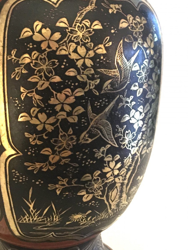 Japanese Dinanderie Vase, Lacquered, Inlaid with Gold and Silver, Meiji 19th century