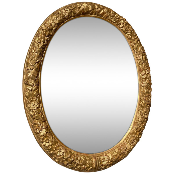 Gilded wood oval mirror, Large size 125 cm - 18th century French work