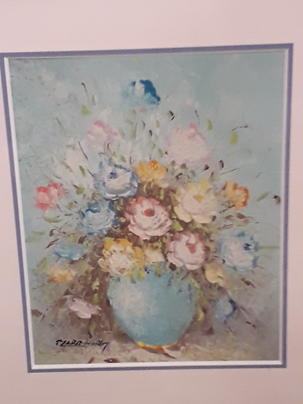 Painting under glass bouquet of flowers signed