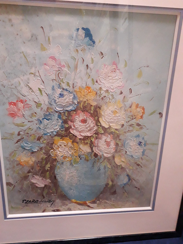 Painting under glass bouquet of flowers signed