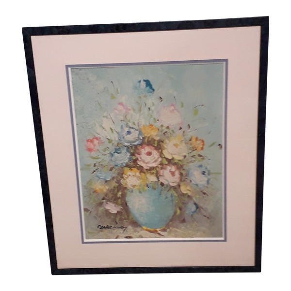 Painting under glass bouquet of flowers signed