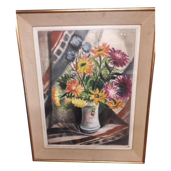 Pastel painting bouquet of flowers signed (P.Charton)