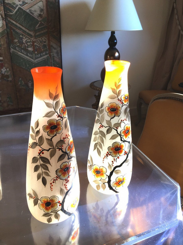 Pair of Vases in Satin Glass, Signed LEUNE