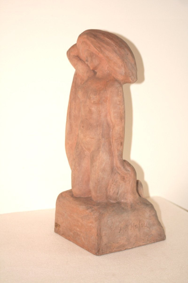 Sculpture En Terre Cuite, Baigneuse Nue, Signée Alfred Jean Halou, Début 20ème 1910/1920