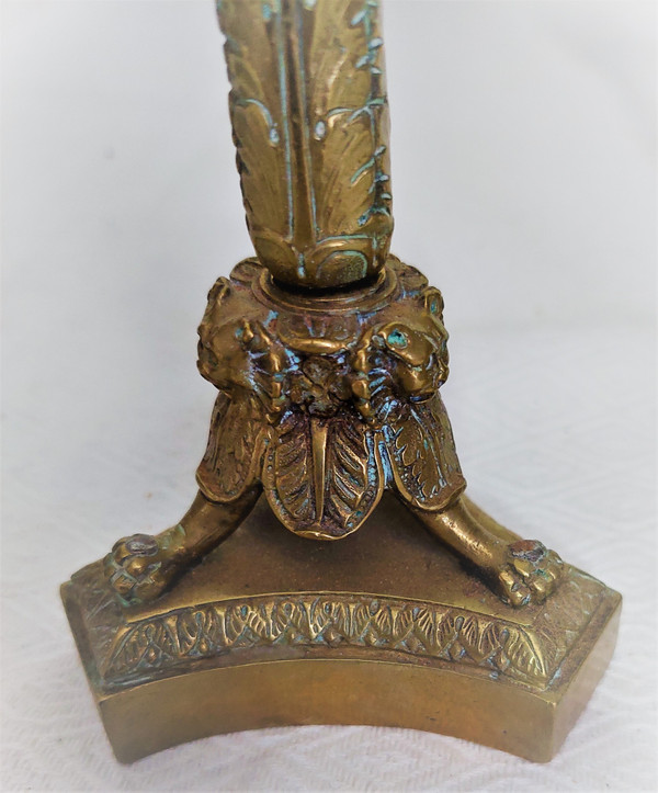 Pair of Louis XVI style candlesticks in bronze with brown patina