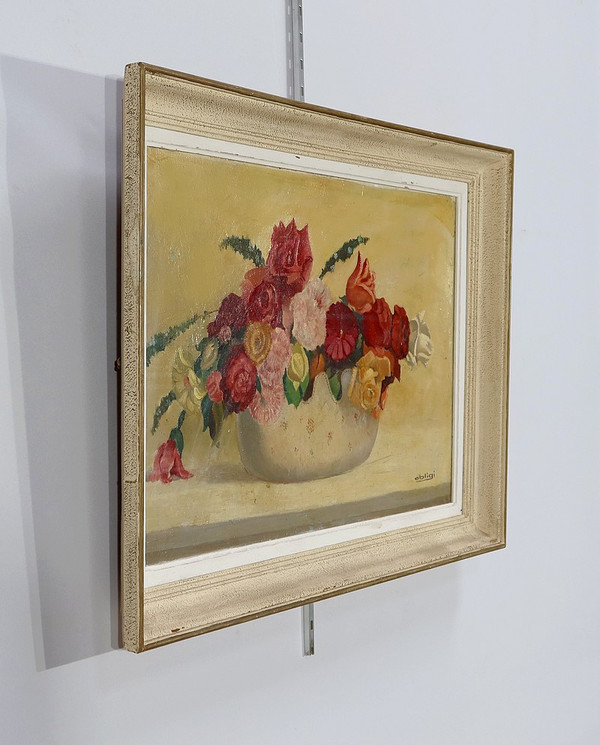 Large Painting "Still Life with a Bouquet of Flowers" Signed Obligi - Early 20th Century