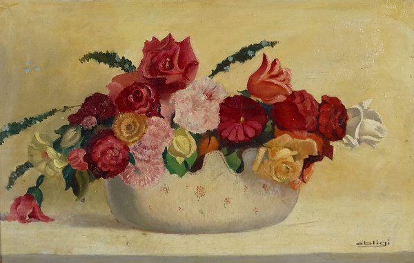 Large Painting "Still Life with a Bouquet of Flowers" Signed Obligi - Early 20th Century