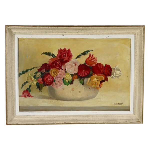 Large Painting "Still Life with a Bouquet of Flowers" Signed Obligi - Early 20th Century