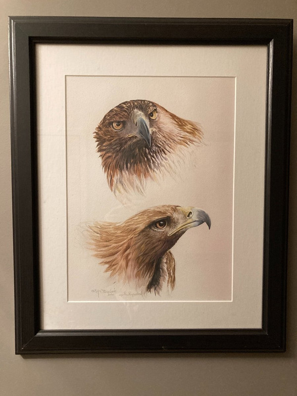 Watercolor with two royal eagle heads signed Philippe Varnardois