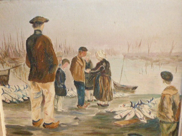 Gemälde Öl auf Leinwand, Ansicht des Hafens, Rückkehr vom Fischfang, FINISTERE (signiert Fabien um 1950)