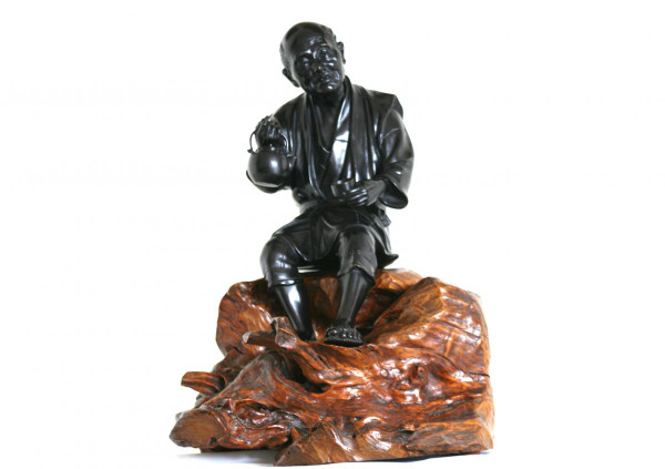 Bronze statue with black patina, Okimono - Japanese man, late Meiji period