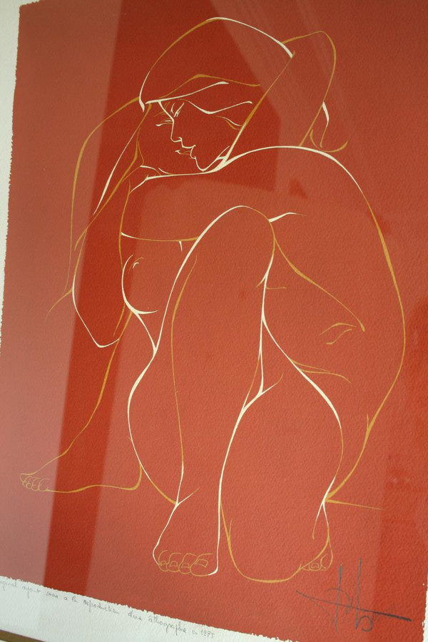 Gouache on vellum, NU Féminin, 1975, signed