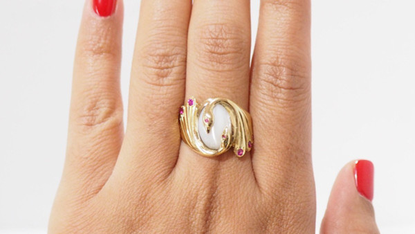 Yellow Gold, Moonstone And Ruby Ring