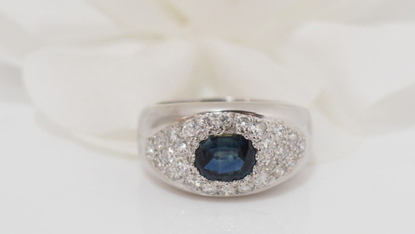 Band Ring In White Gold, Oval Sapphire And Diamonds