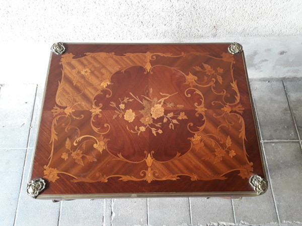 Early 20th century marquetry games table, decorated with flowers